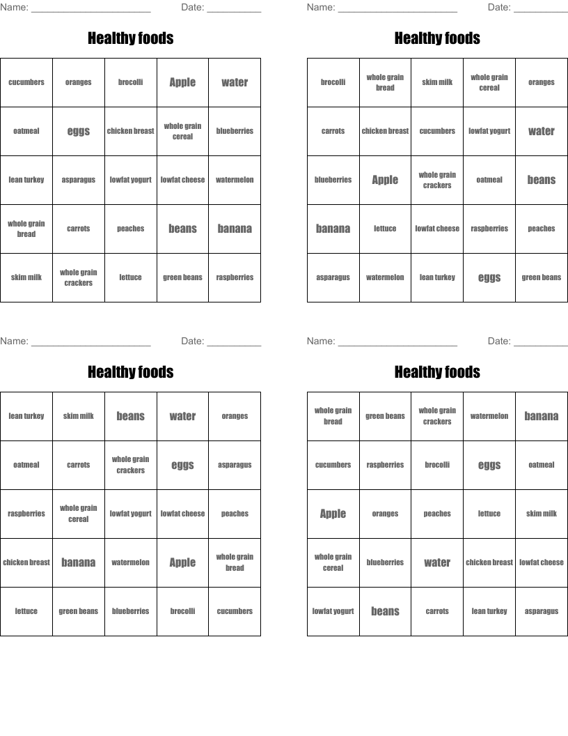 Healthy foods Bingo Cards