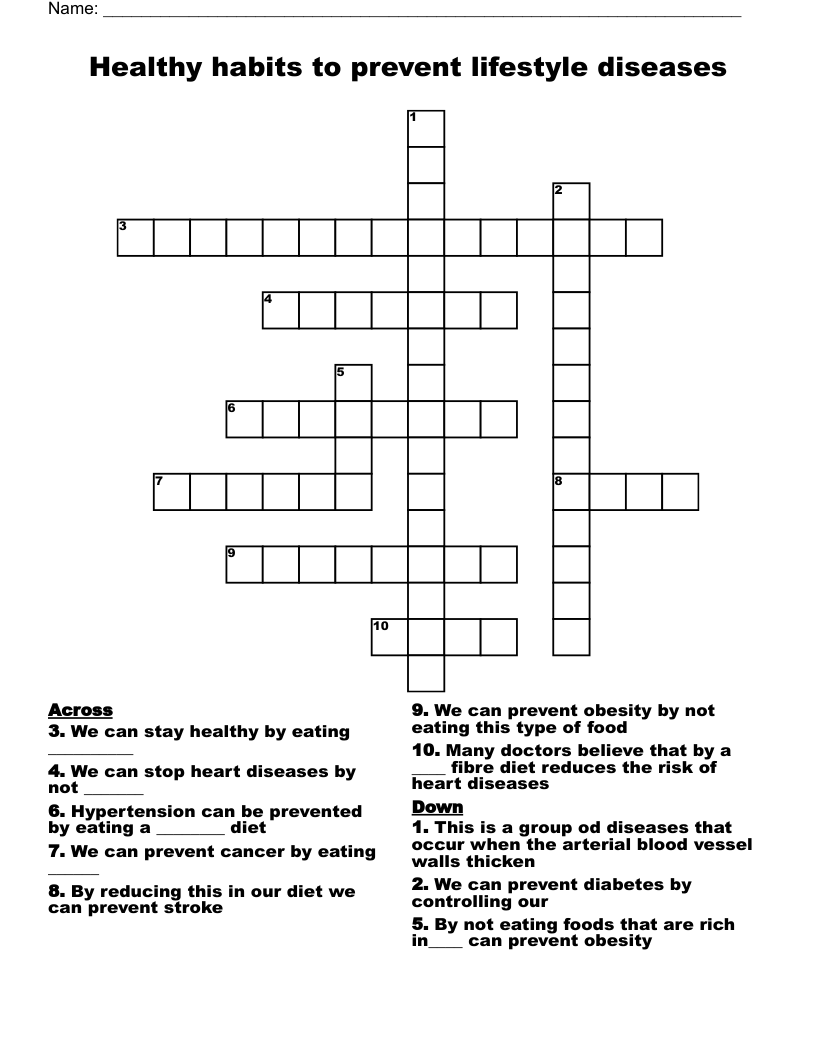 Healthy habits to prevent lifestyle diseases  Crossword