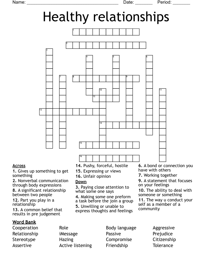 Healthy relationships Crossword