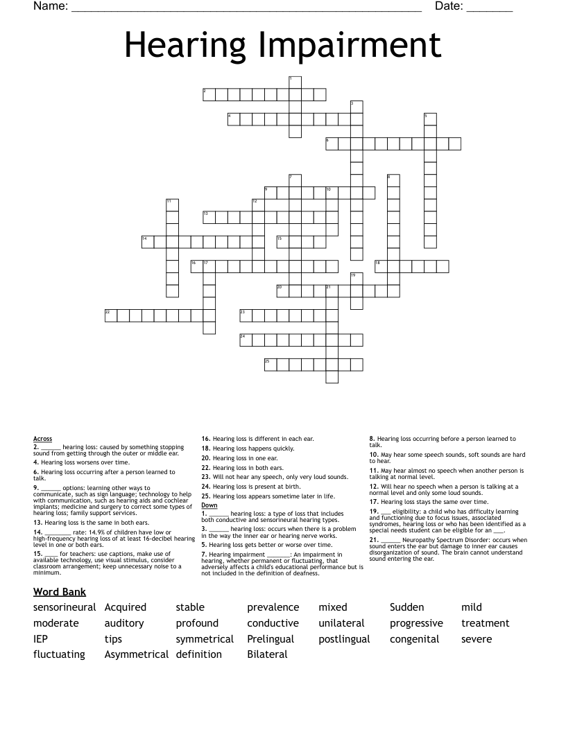 Hearing Impairment Crossword