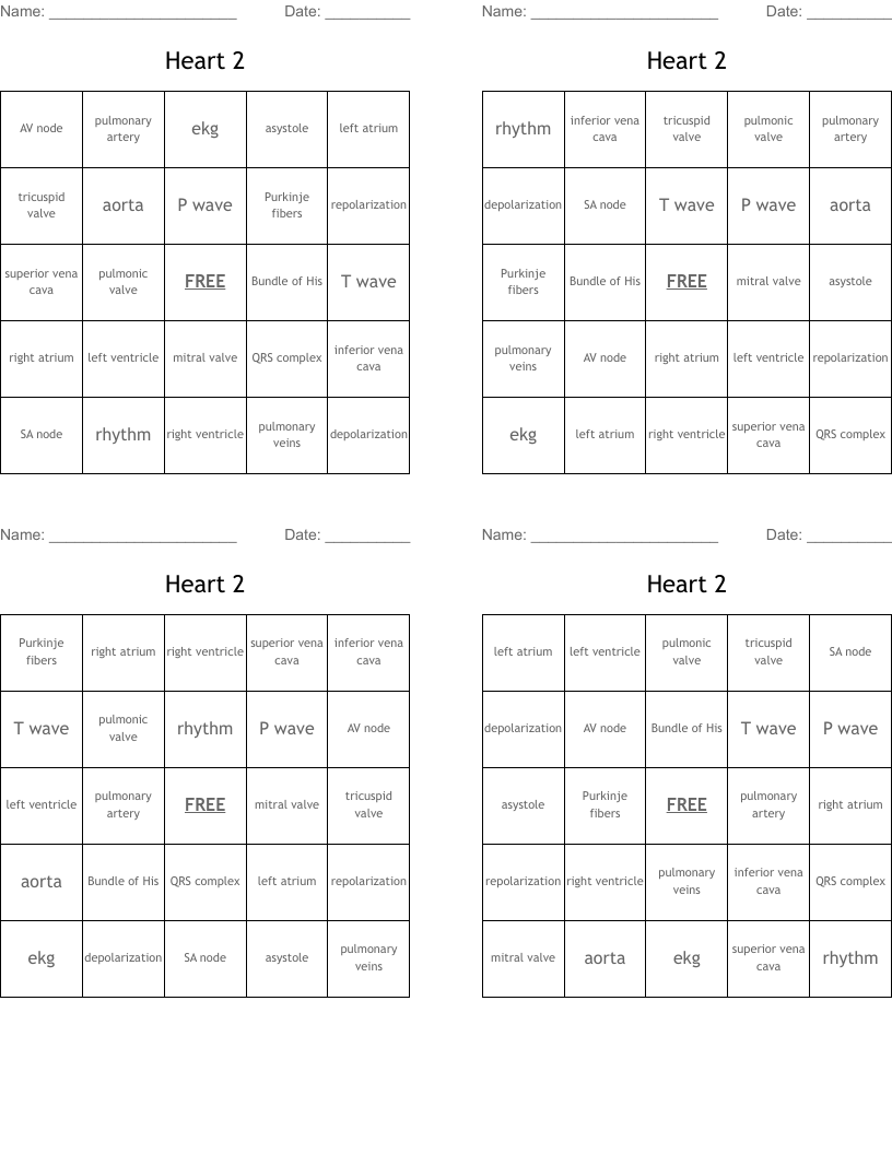 Heart 2 Bingo Cards