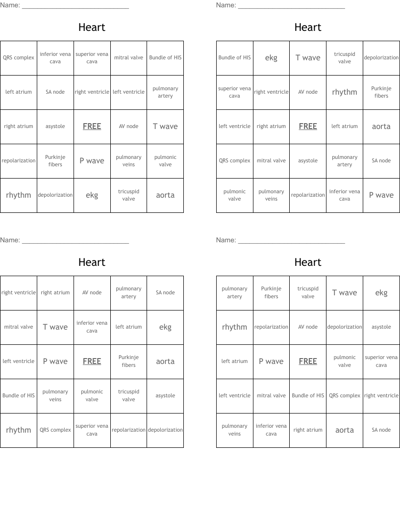 Heart Bingo Cards
