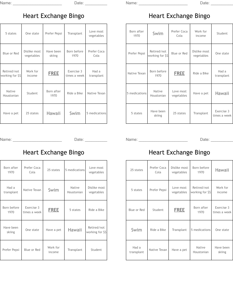 Heart Exchange Bingo