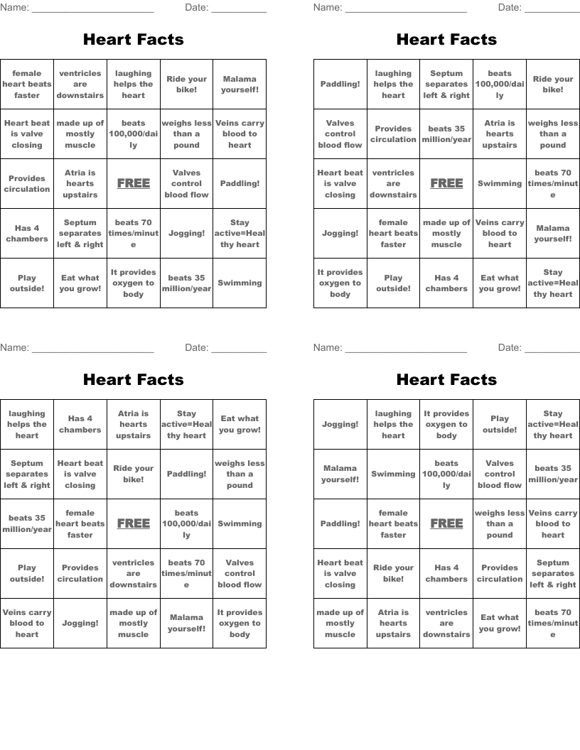 Heart Facts Bingo Cards