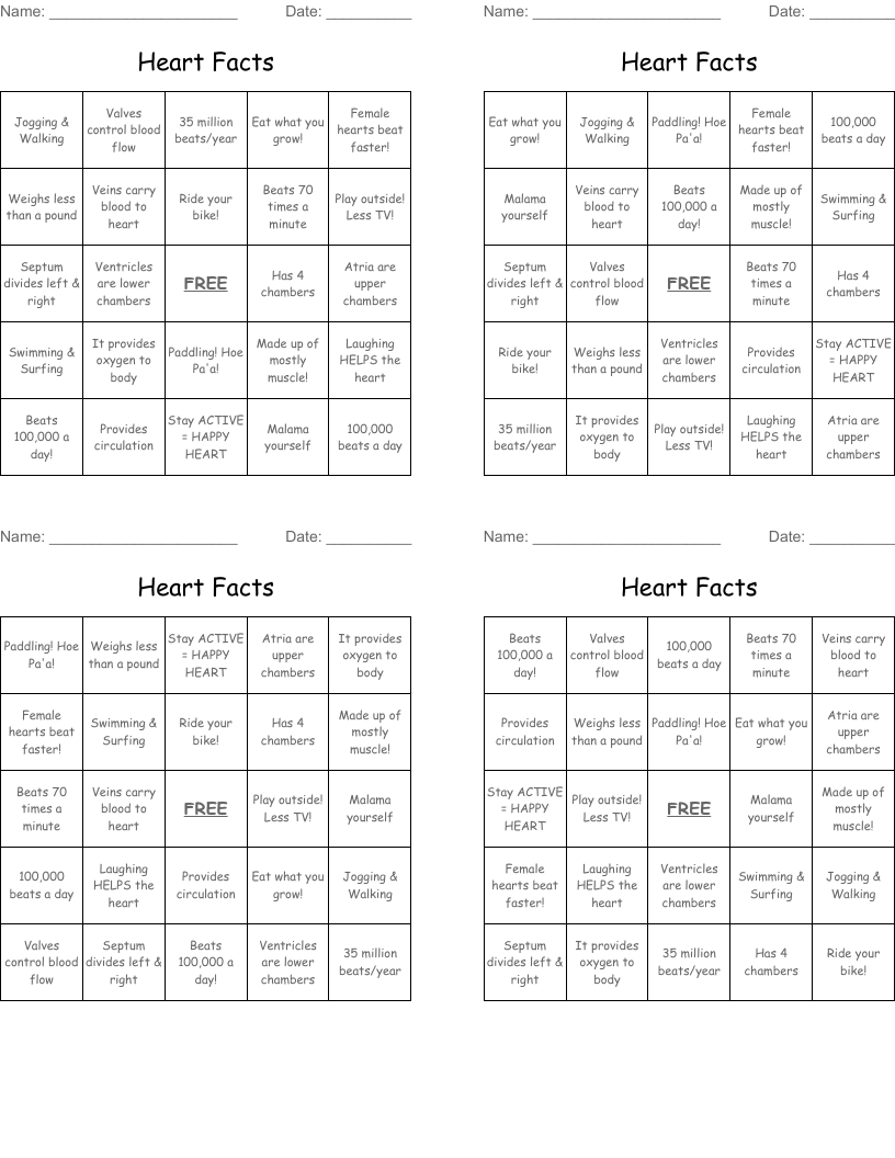 Heart Facts Bingo Cards