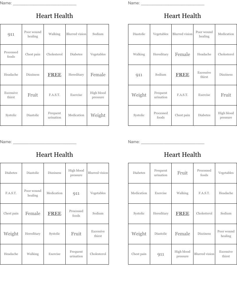Heart Health Bingo Cards