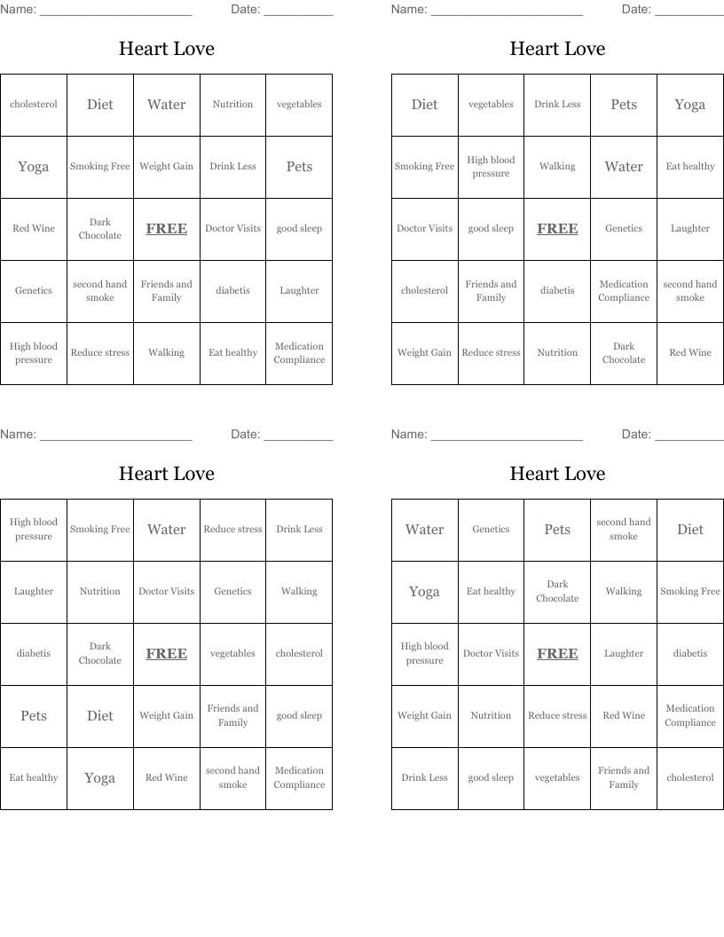 Heart Love Bingo Cards