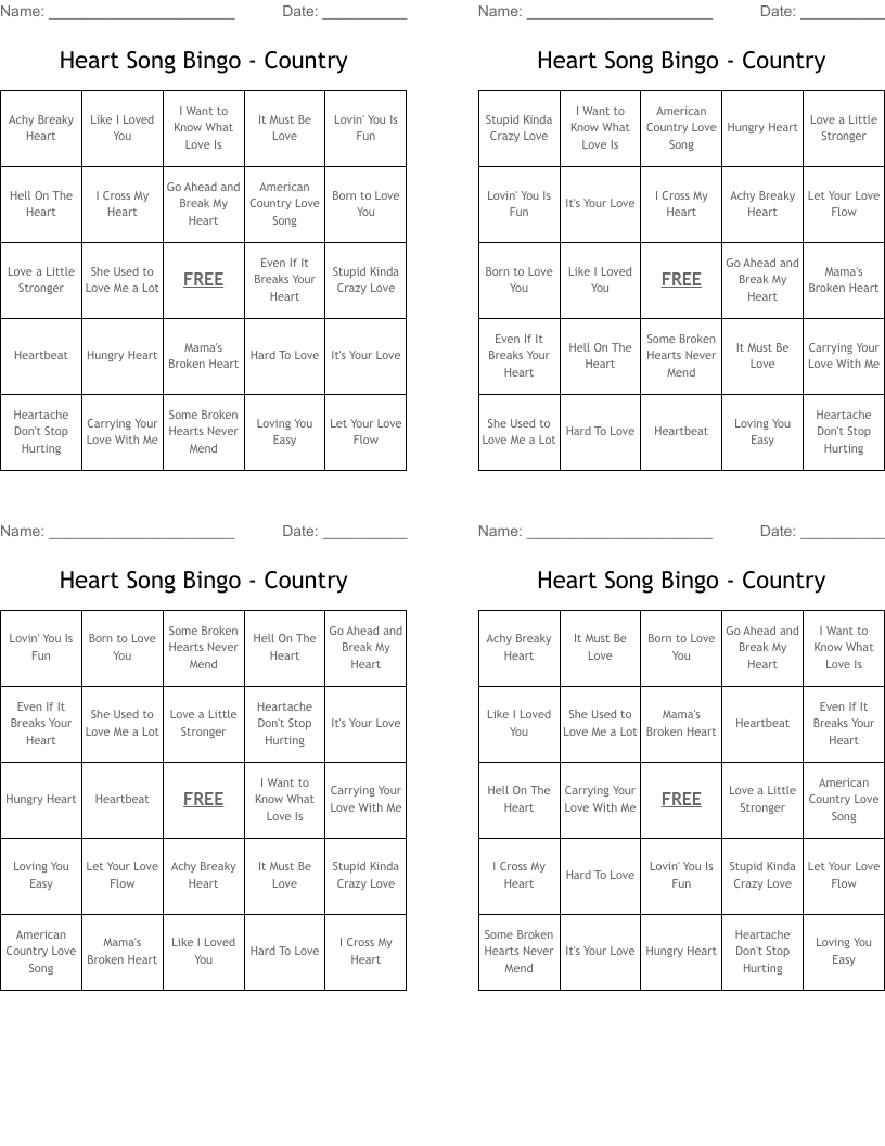 Heart Song Bingo - Country