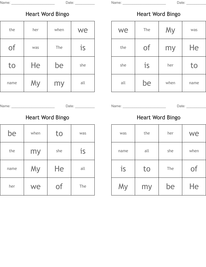 Heart Word Bingo