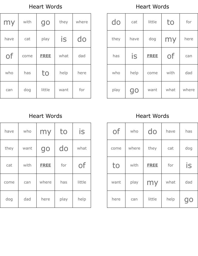 Heart Words Bingo Cards