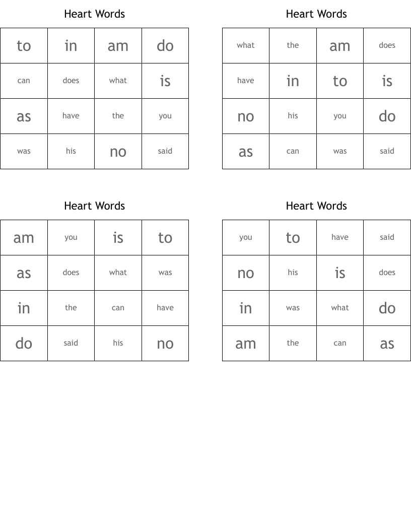 Heart Words Bingo Cards