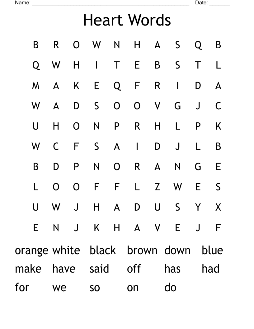 Heart Words Word Search