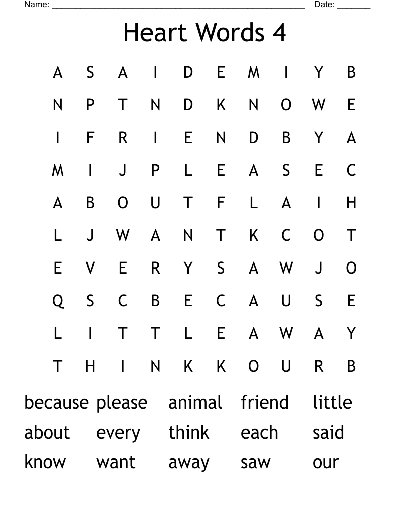 Heart Words 4 Word Search