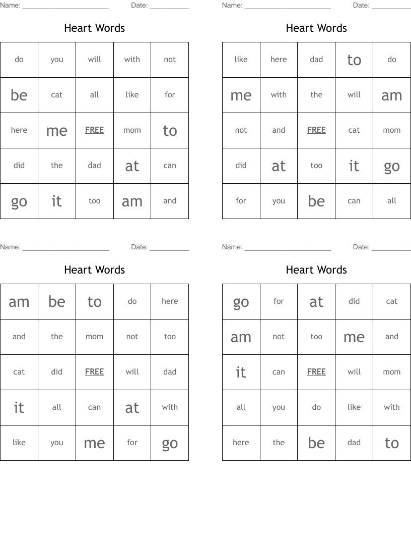 Heart Words Bingo Cards