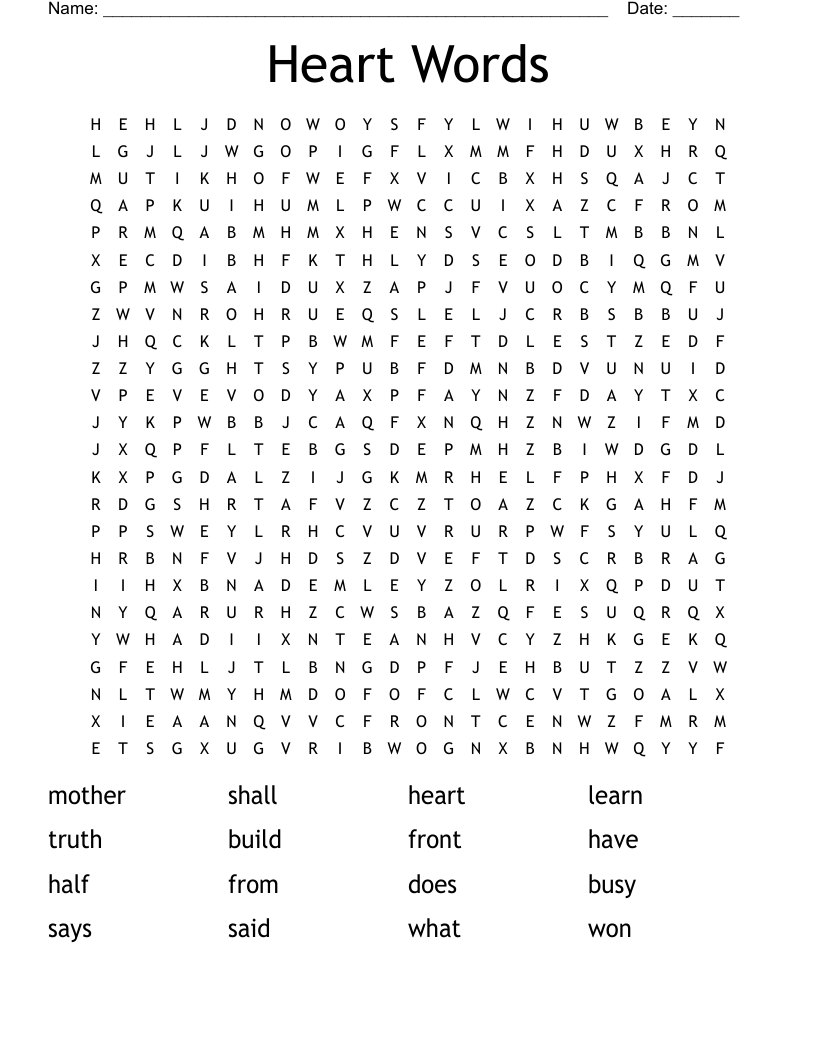 Heart Words Word Search