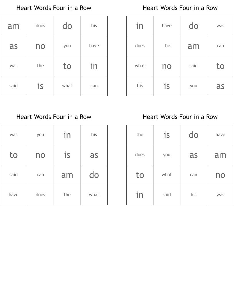 Heart Words Four in a Row Bingo Cards