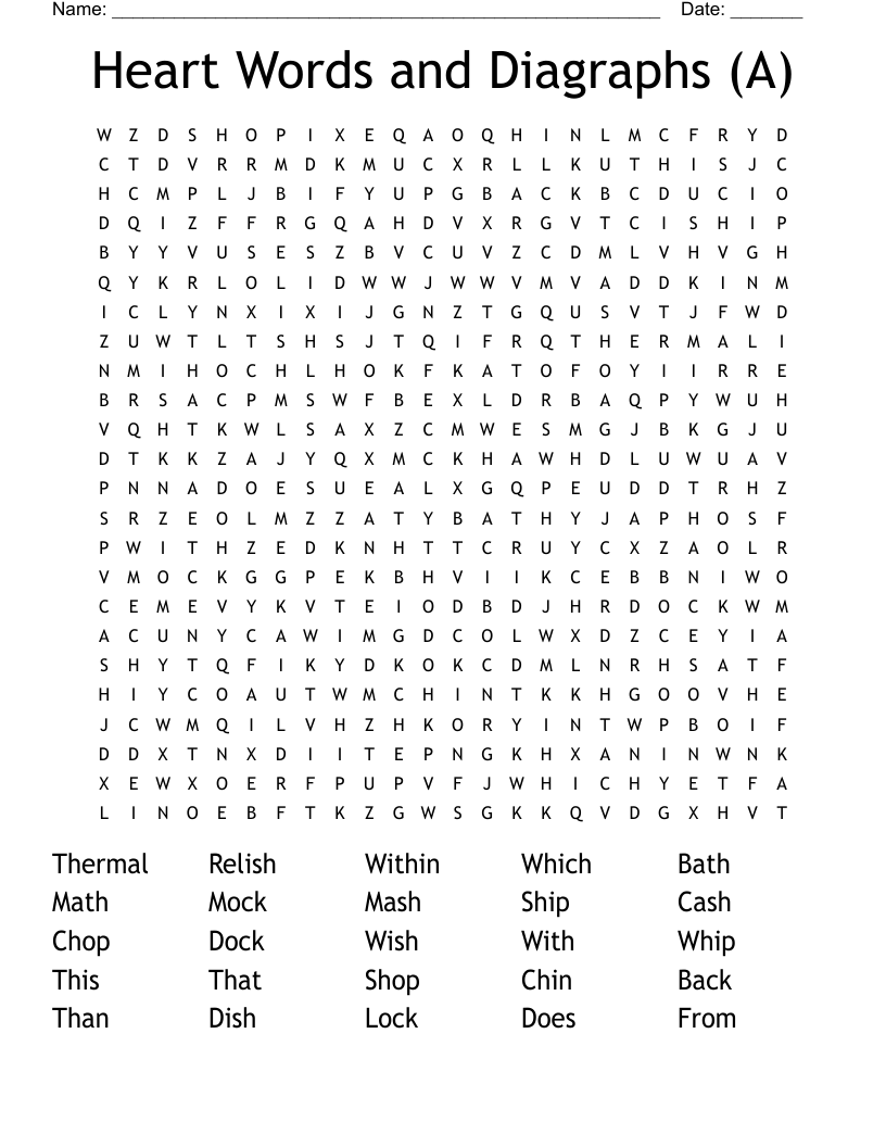 Heart Words and Diagraphs (A) Word Search
