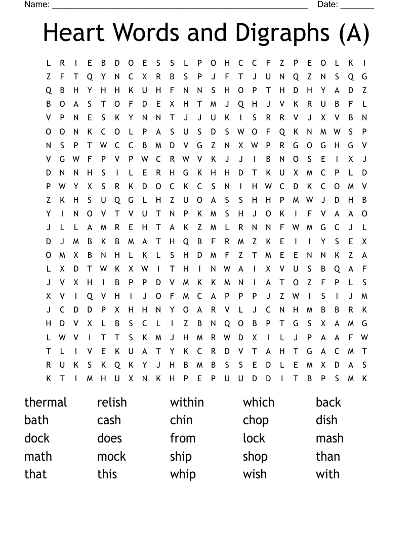 Heart Words and Digraphs (A) Word Search