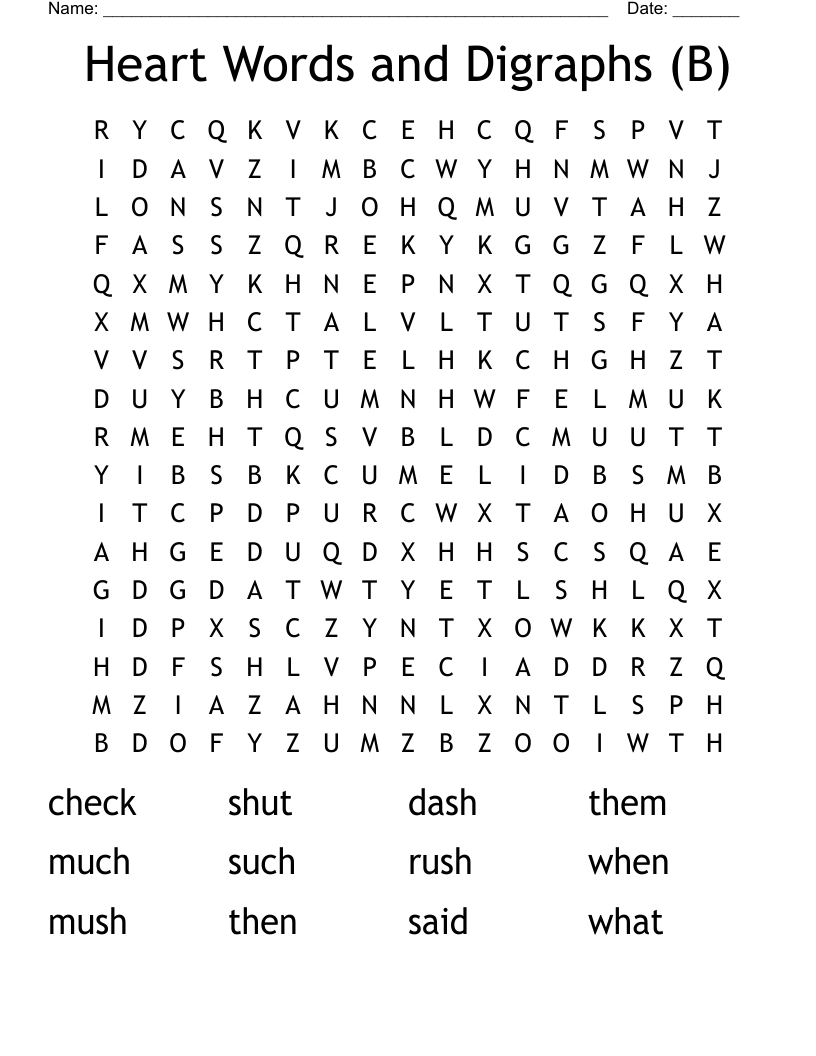 Heart Words and Digraphs (B) Word Search