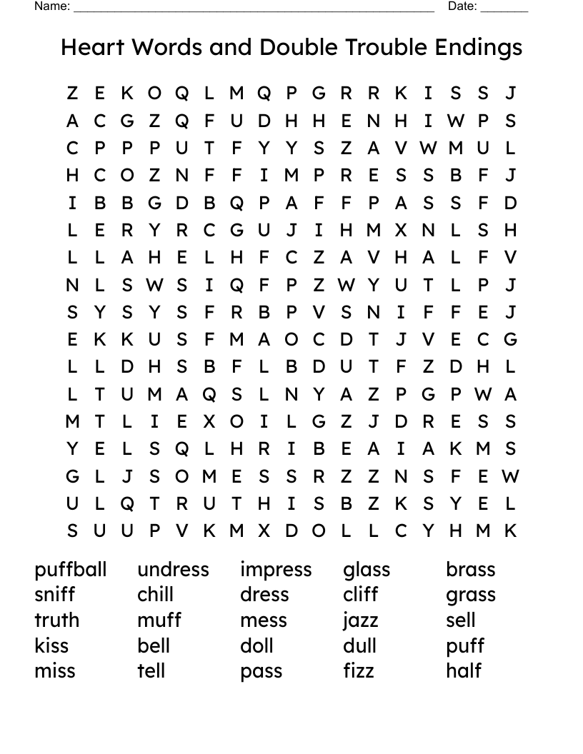 Heart Words and Double Trouble Endings Word Search
