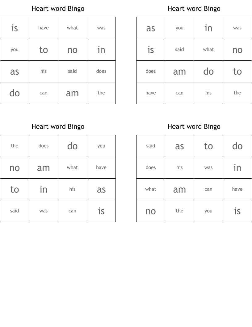 Heart word Bingo