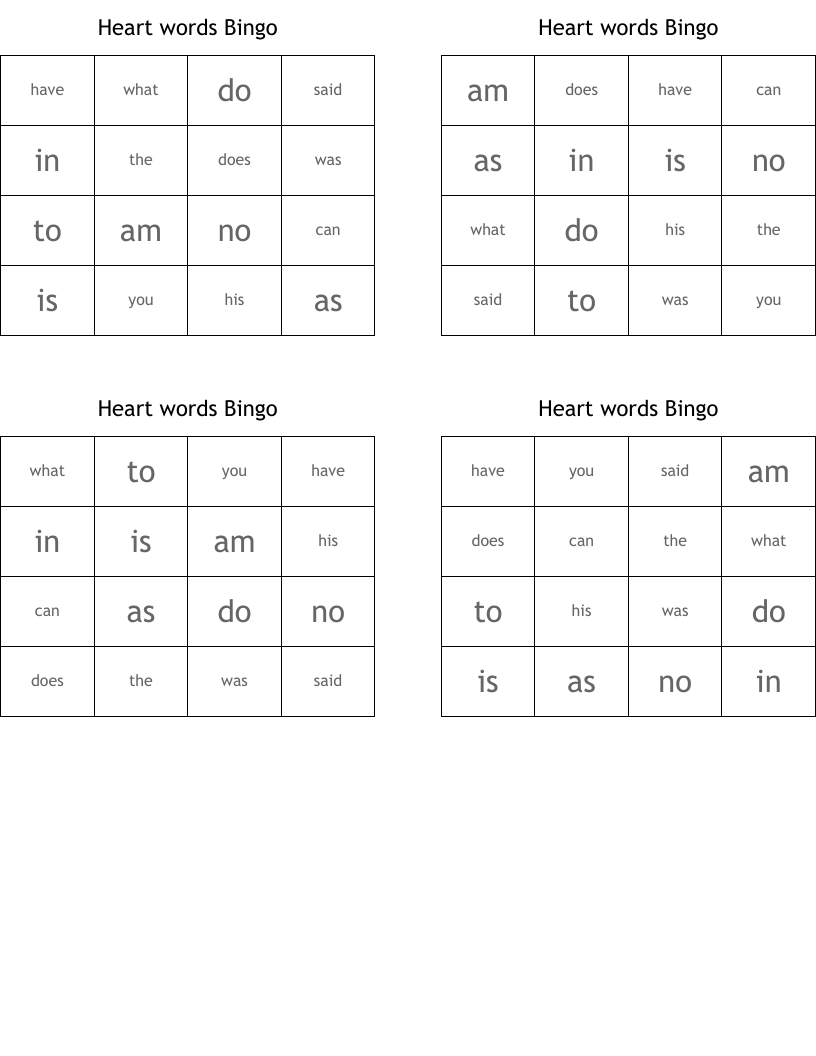 Heart words Bingo