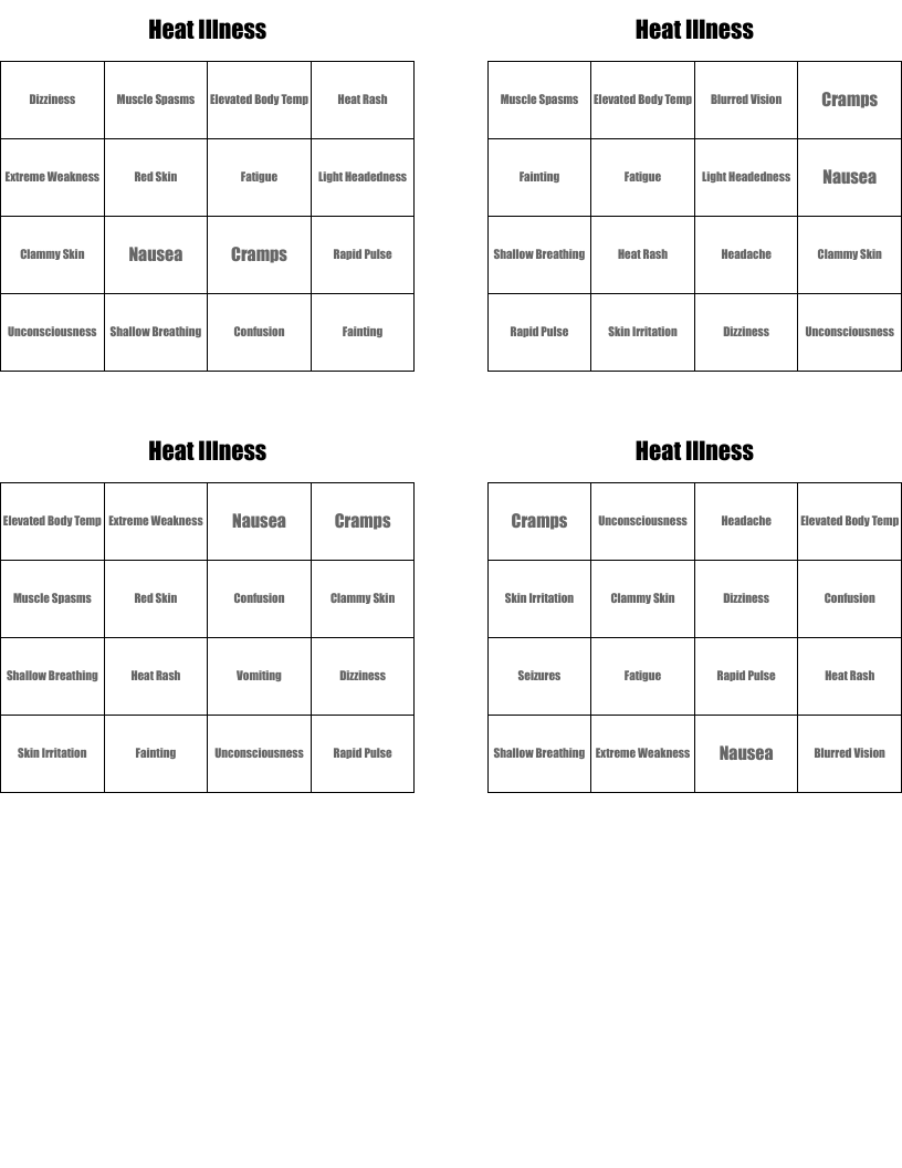 Heat Illness Bingo Cards