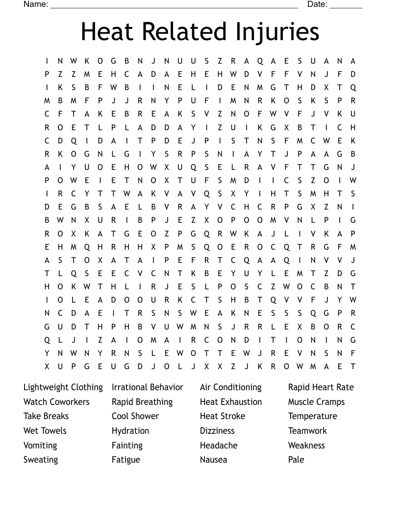 Heat Related Injuries Word Search