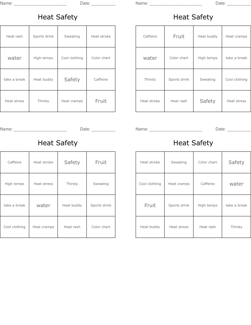 Heat Safety Bingo Cards