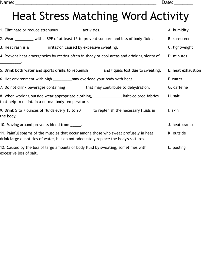 Heat Stress Matching Word Activity  Worksheet
