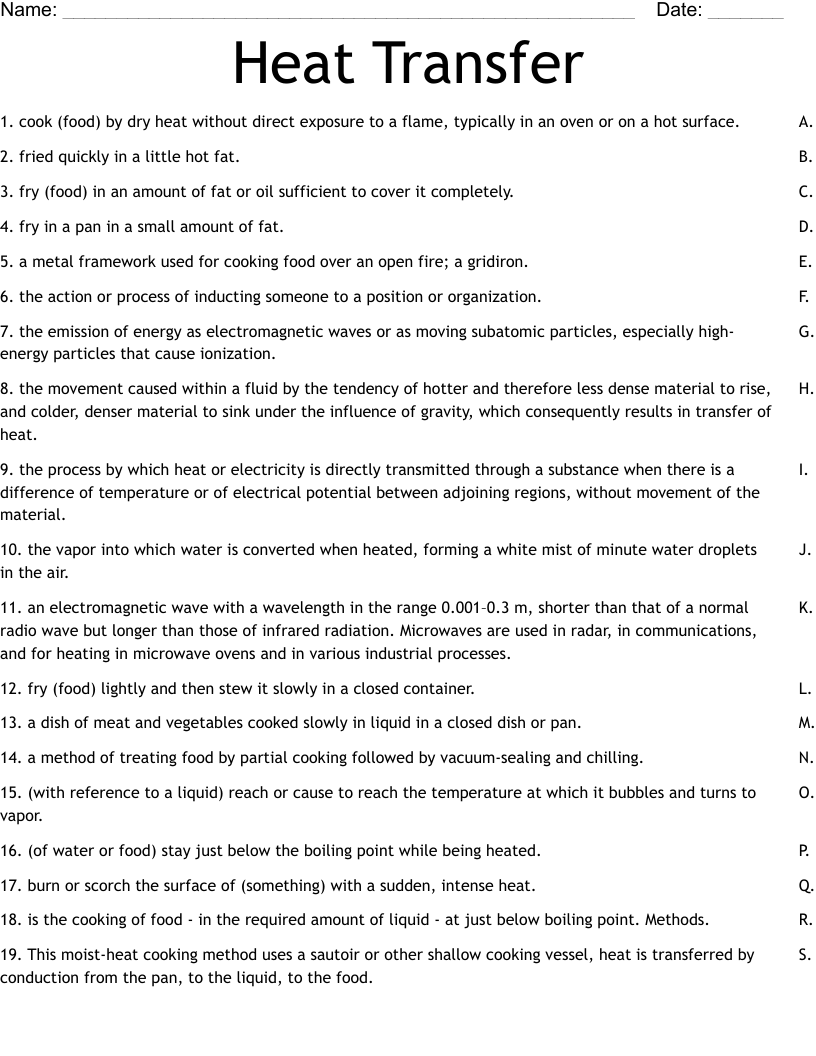 Heat Transfer  Worksheet