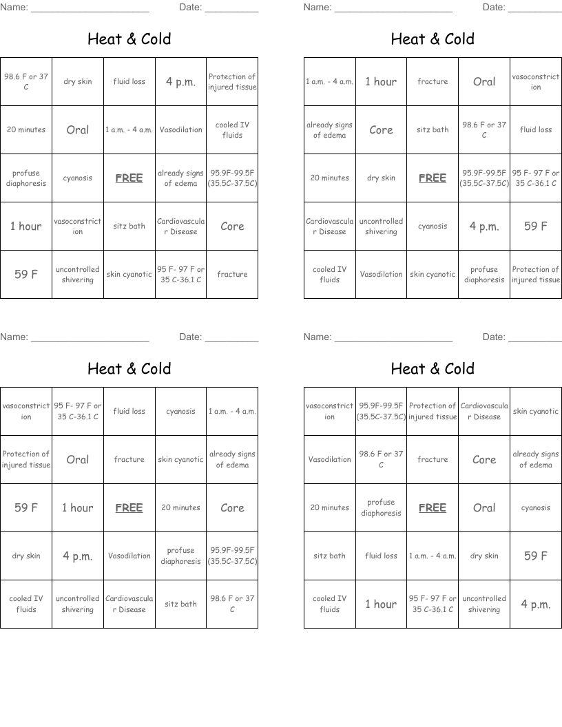 Heat & Cold Bingo Cards