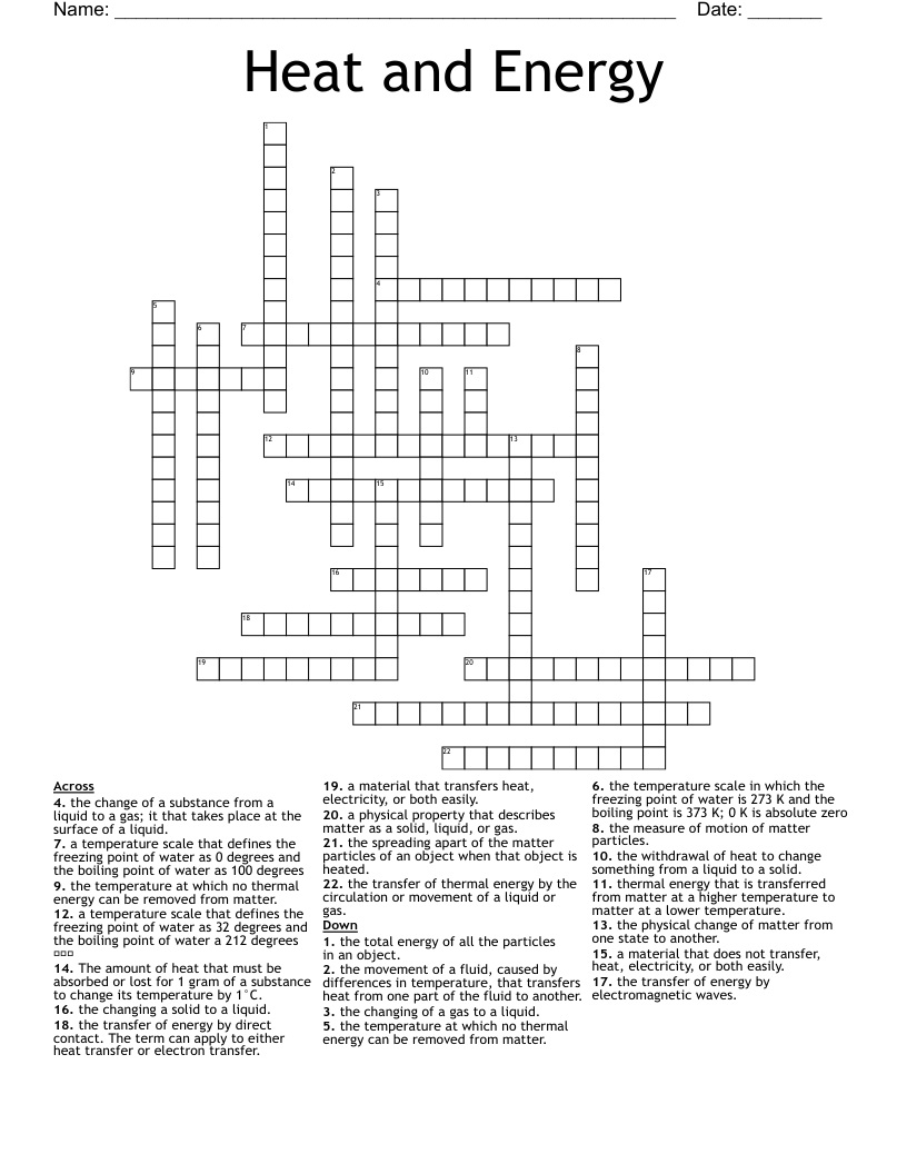 Heat and Energy Crossword
