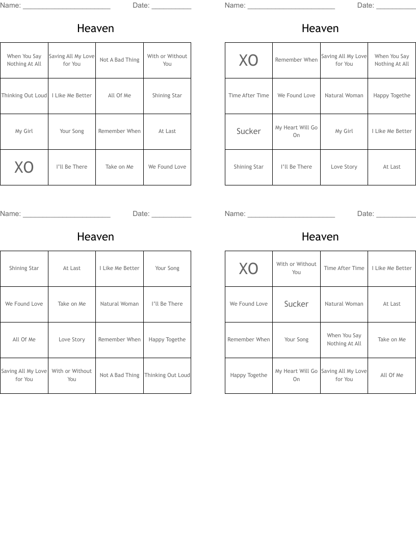 Heaven Bingo Cards