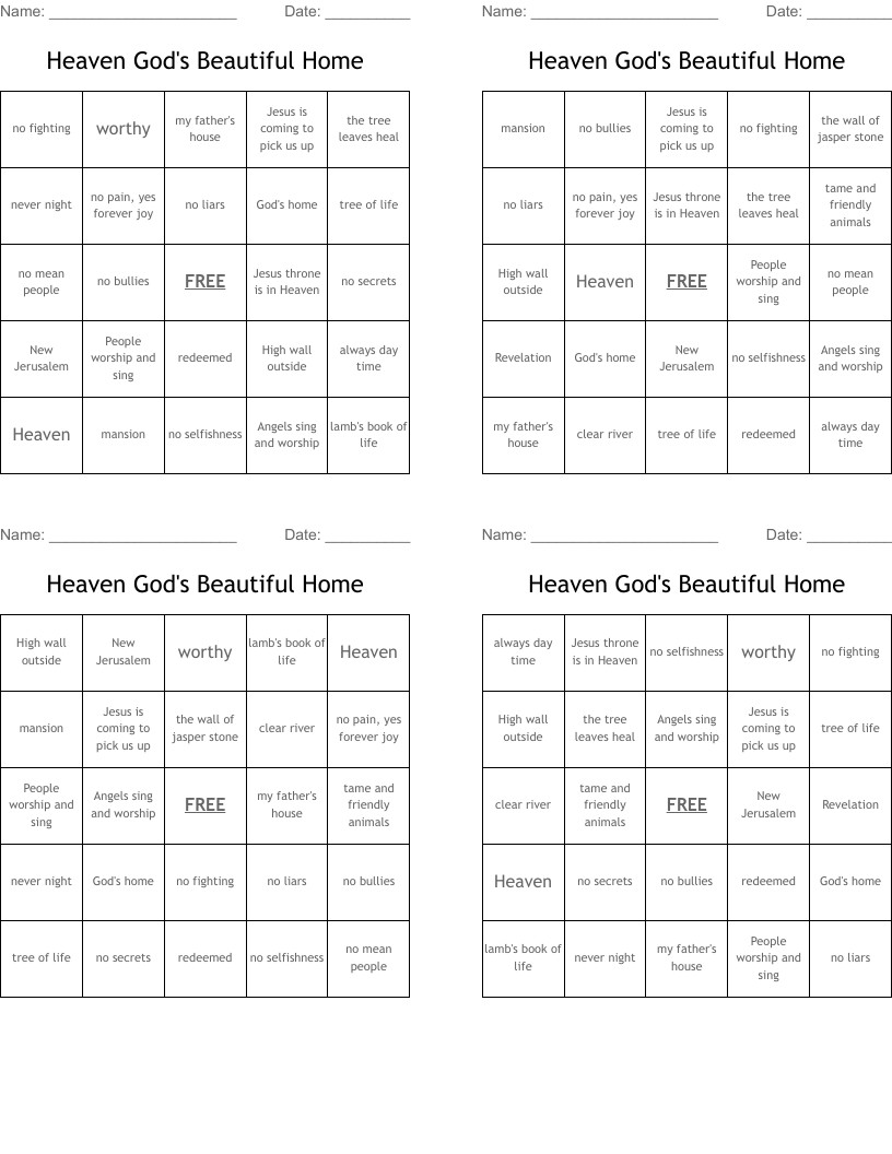 Heaven God's Beautiful Home Bingo Cards