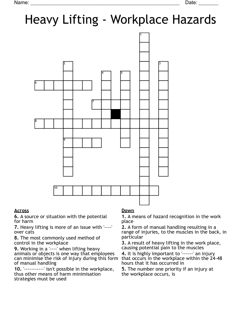 Heavy Lifting - Workplace Hazards Crossword