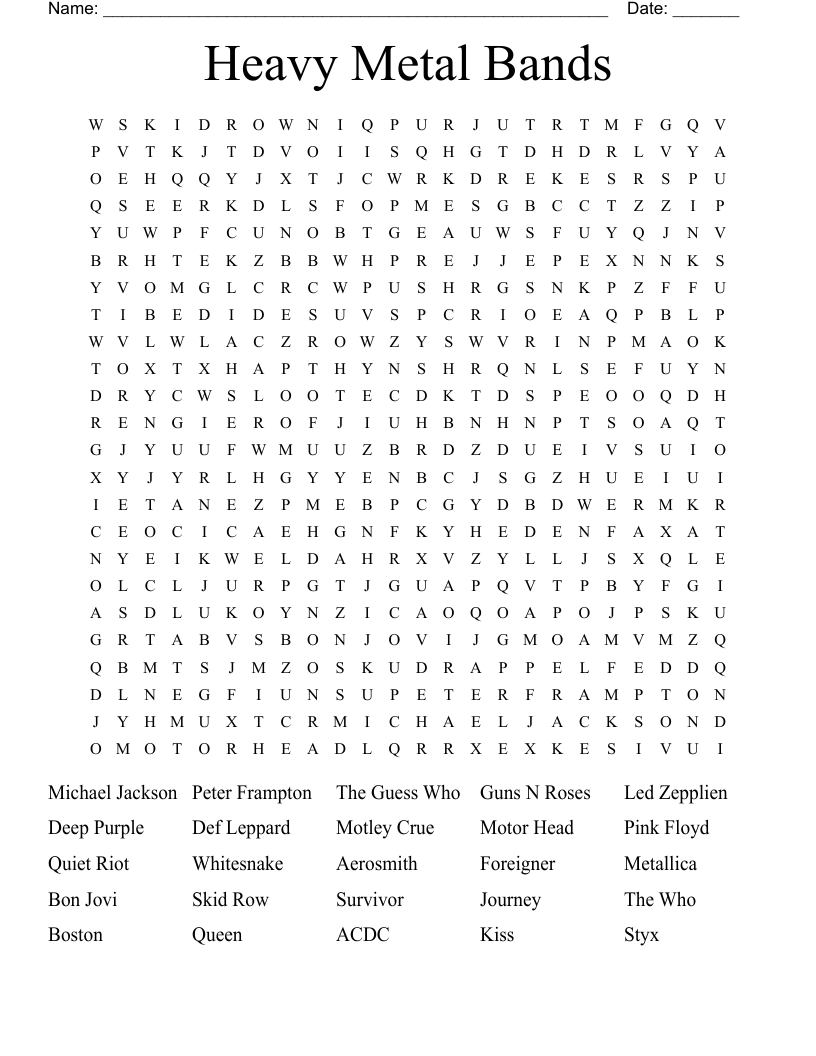 Heavy Metal Bands Word Search