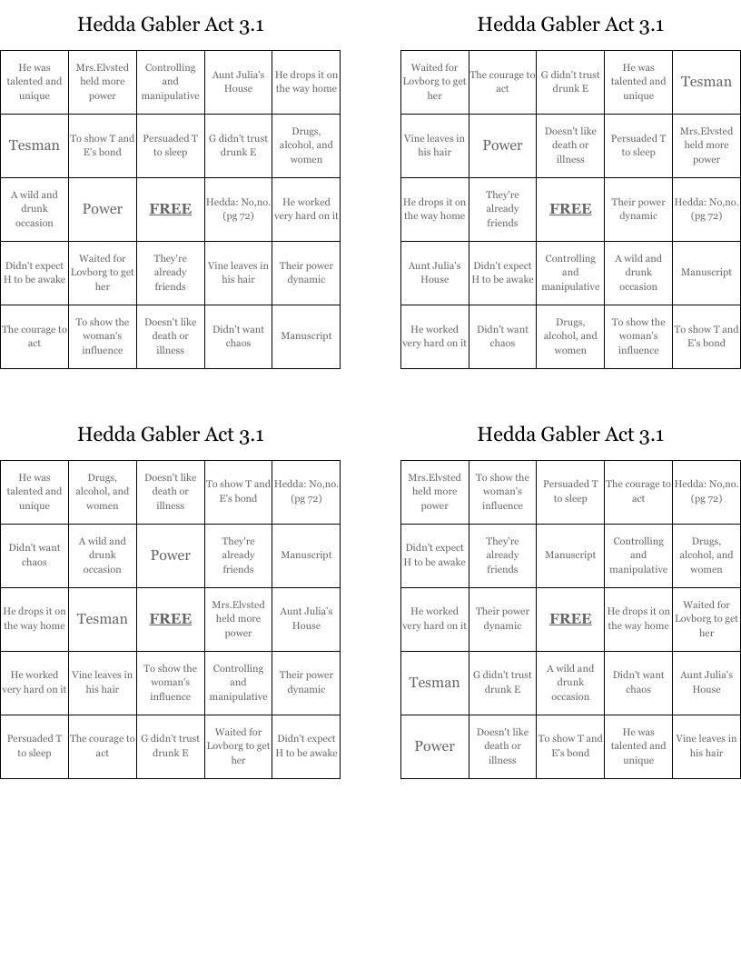 Hedda Gabler Act 3.1 Bingo Cards