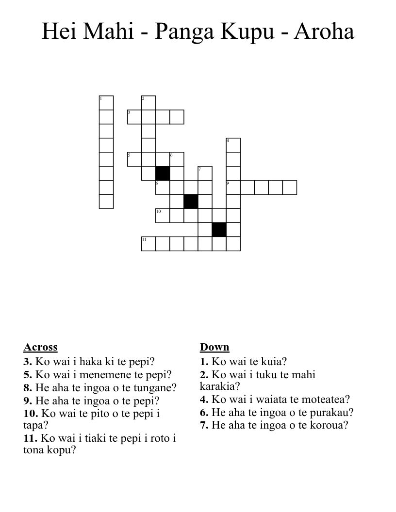 Hei Mahi - Panga Kupu - Aroha Crossword