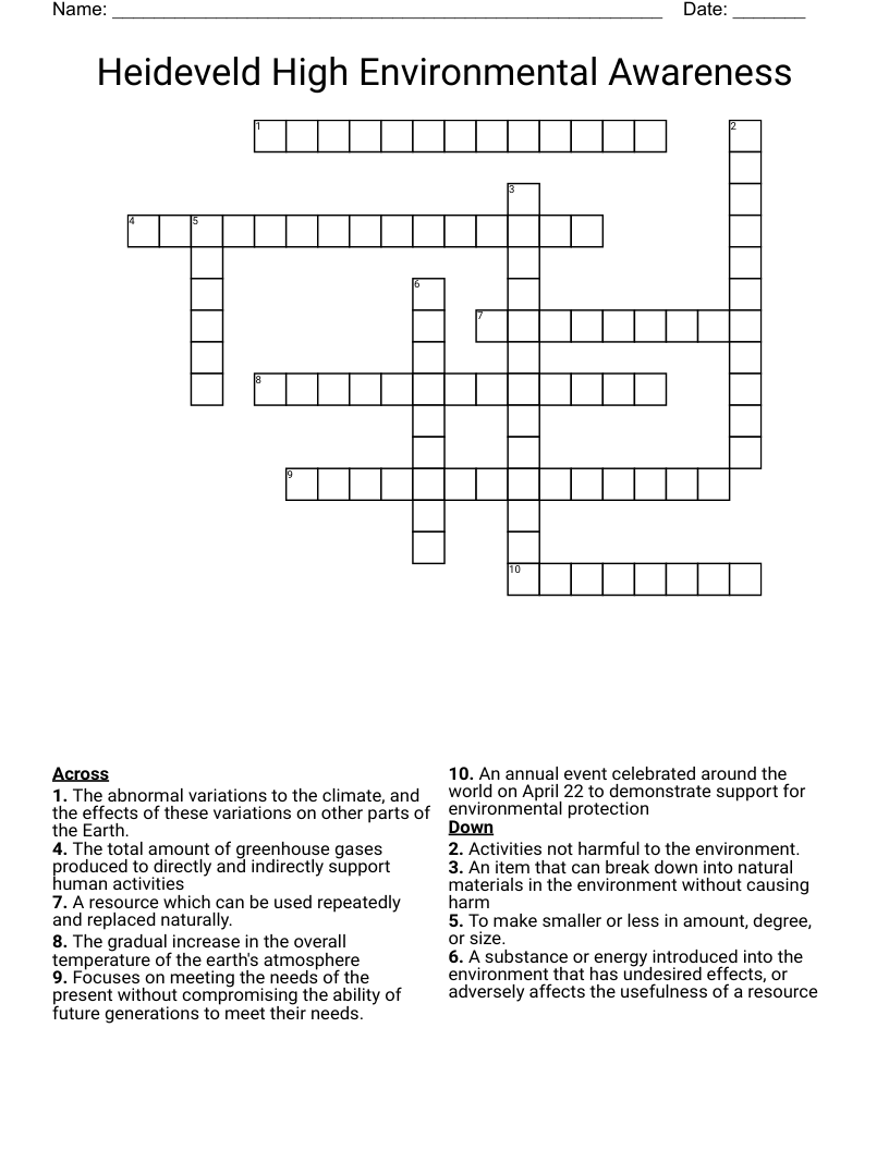 Heideveld High Environmental Awareness  Crossword