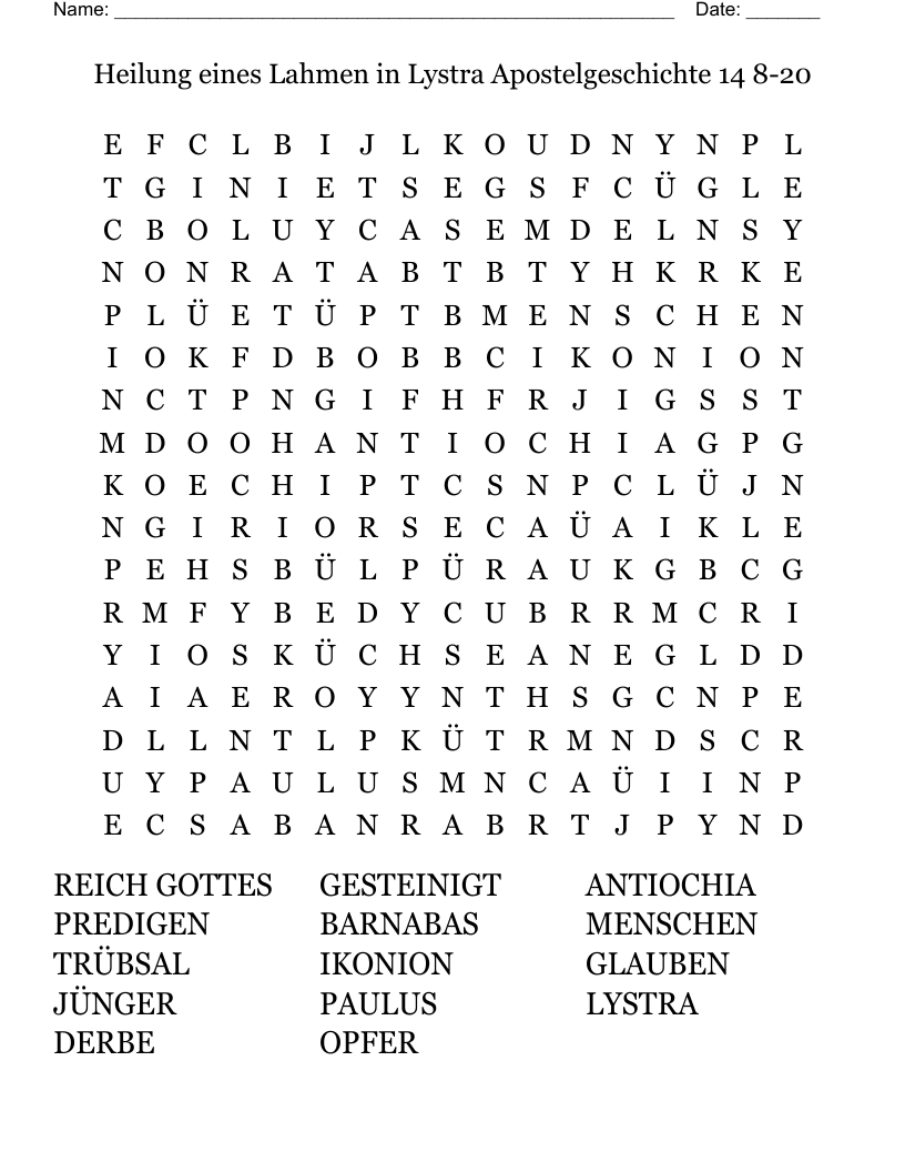 Heilung eines Lahmen in Lystra Apostelgeschichte 14 8-20 Word Search