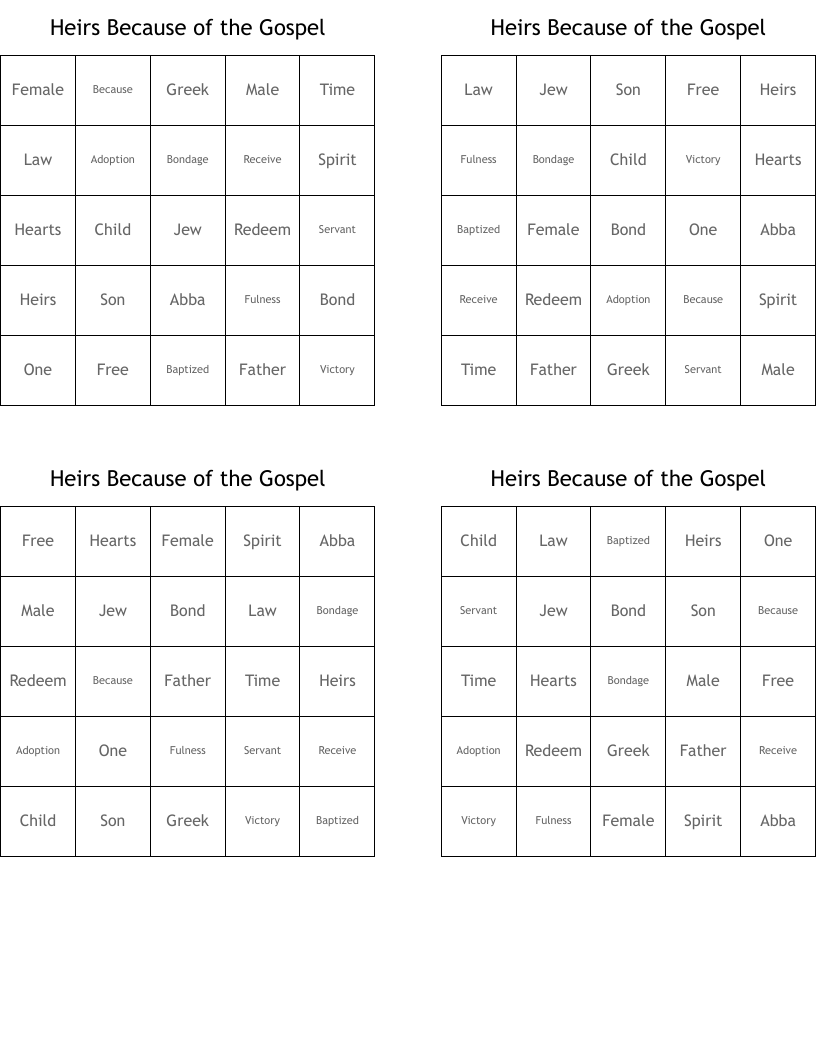 Heirs Because of the Gospel Bingo Cards