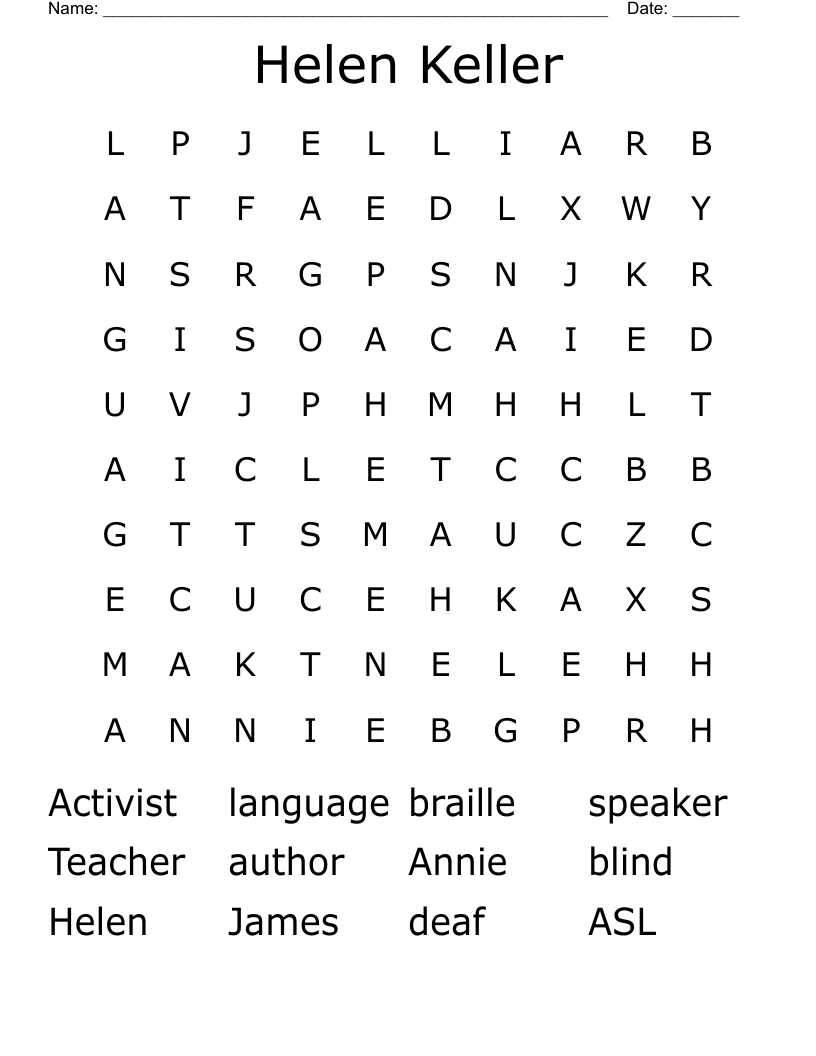 Helen Keller Word Search