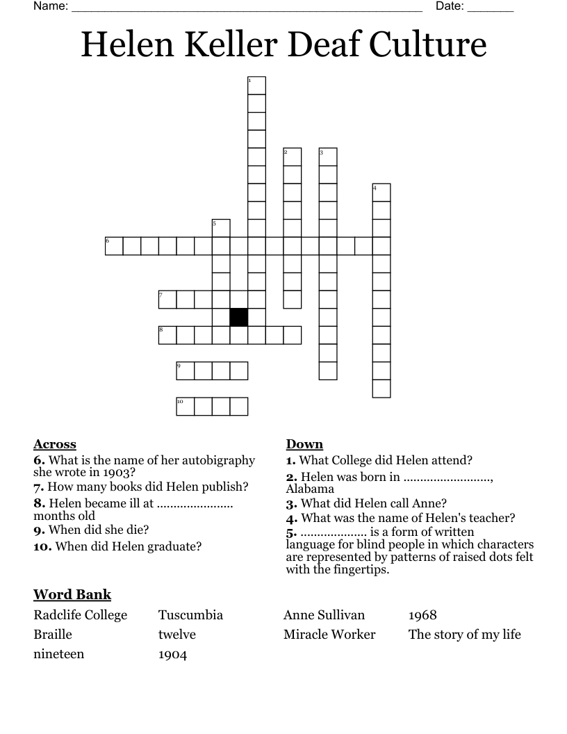 Helen Keller Deaf Culture Crossword