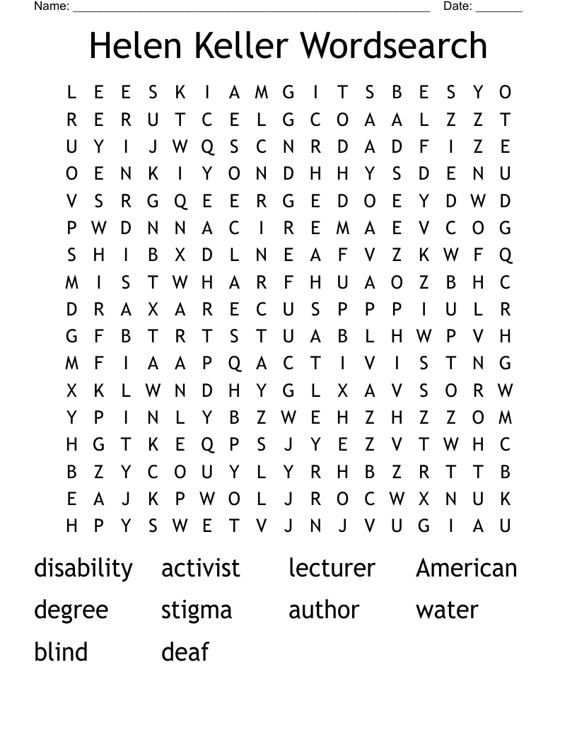 Helen Keller Wordsearch