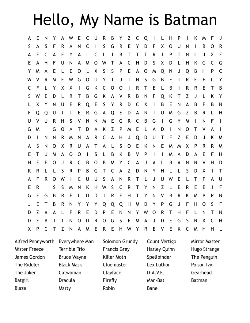 Hello, My Name is Batman Word Search