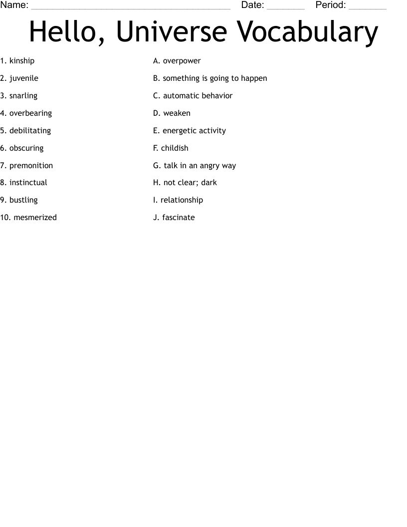 Hello, Universe Vocabulary Worksheet