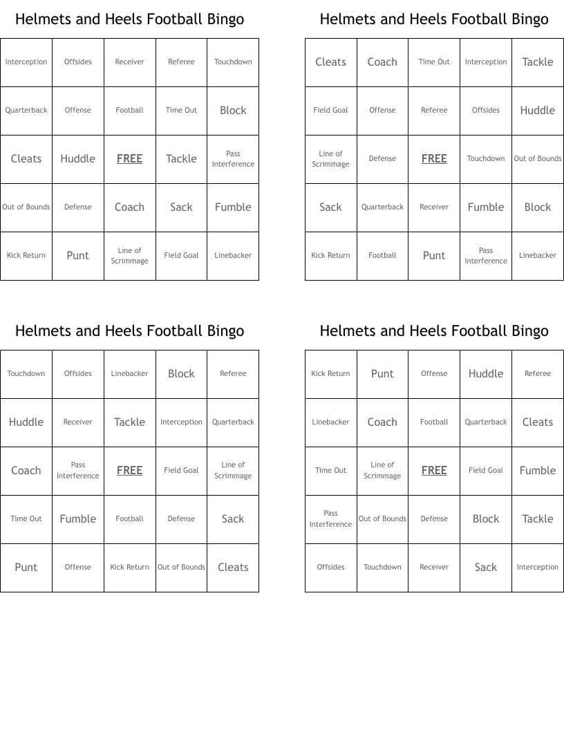 Helmets and Heels Football Bingo