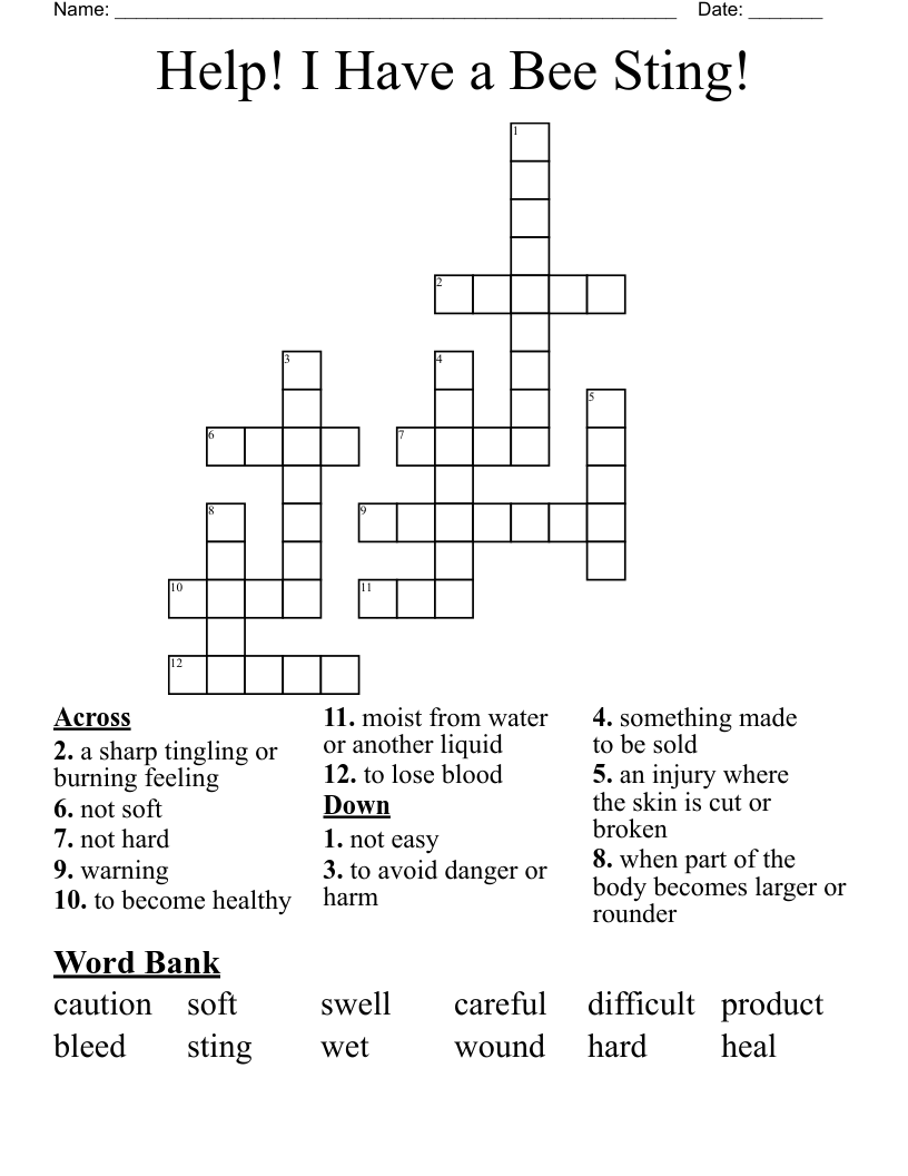 Help! I Have a Bee Sting!  Crossword