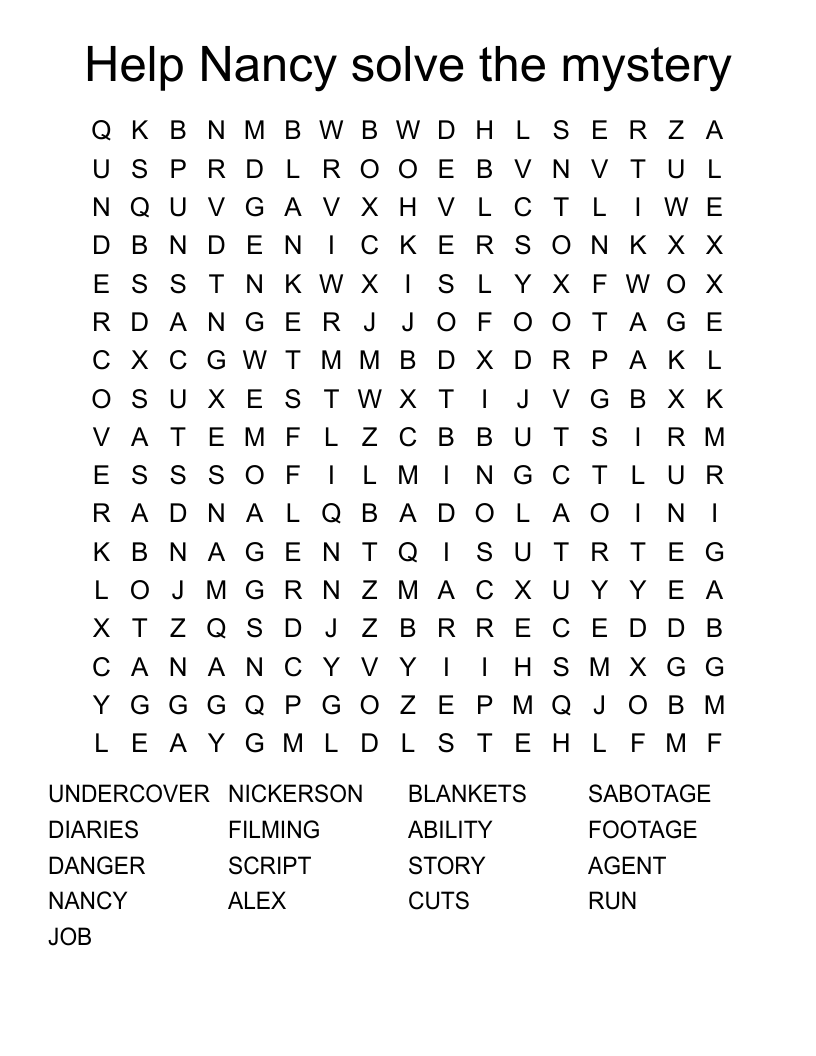 Help Nancy solve the mystery Word Search